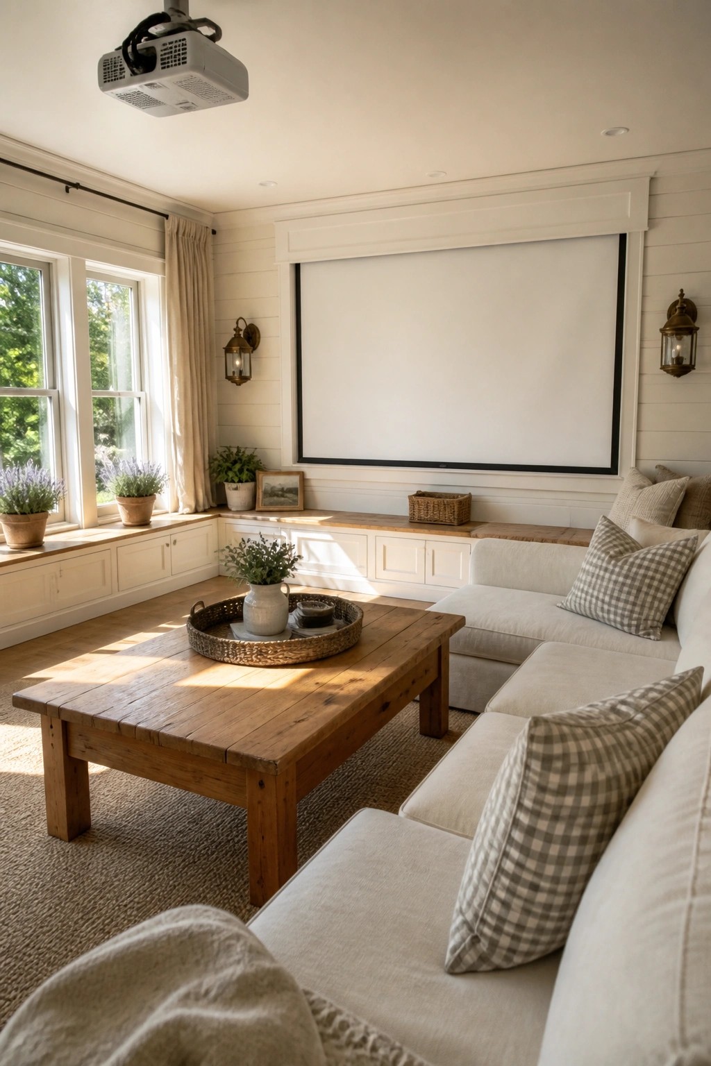Cozy living room with ceiling projector, large screen, white sectional sofa, and wooden coffee table.