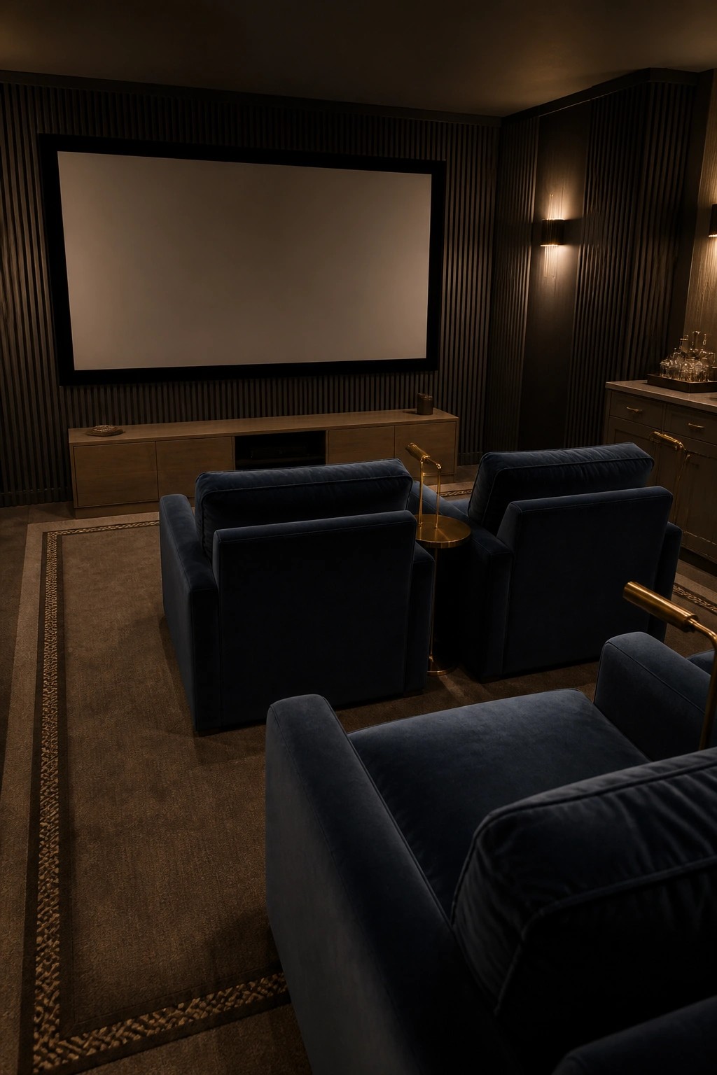 A dimly lit home theater with four blue velvet armchairs facing a large projector screen mounted on a dark vertically paneled wall above a wooden console.