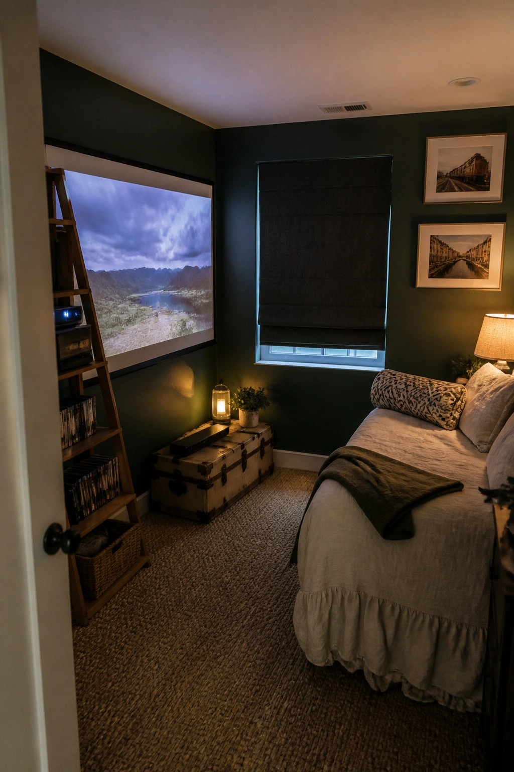 Cozy bedroom with dark green walls, projector screen showing landscape, bed, and ladder shelf.