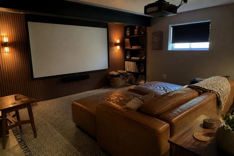 21 Sophisticated Movie Room Ideas With a Dedicated Projector Wall A dimly lit home theater with a large projector screen on a vertical wood-paneled wall, brown leather sofa in the foreground, and a tall shelving unit holding records and speakers.