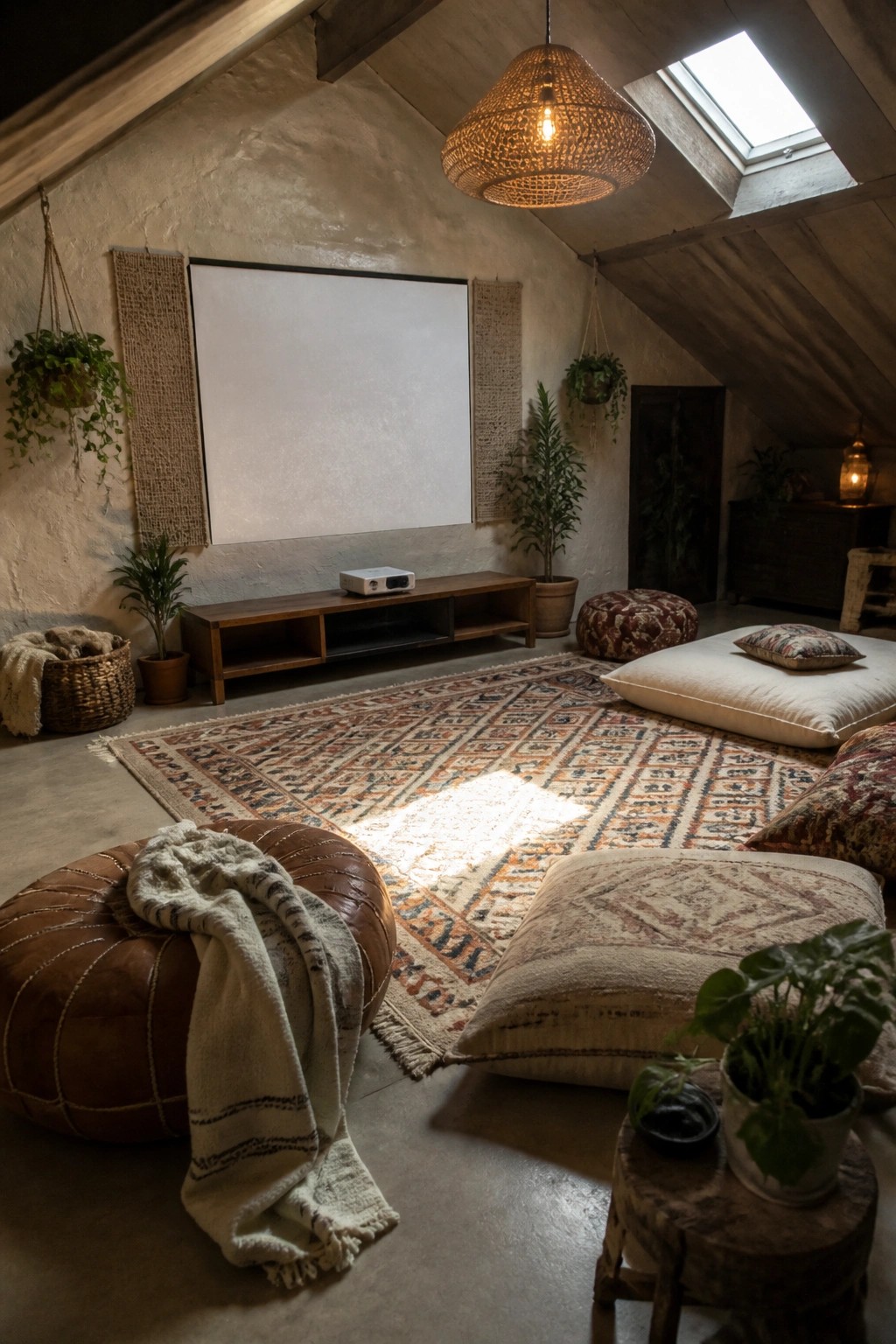 An attic room featuring a large white projector screen on a textured wall, with a low wooden media console, patterned area rug, floor cushions, poufs, and hanging plants.
