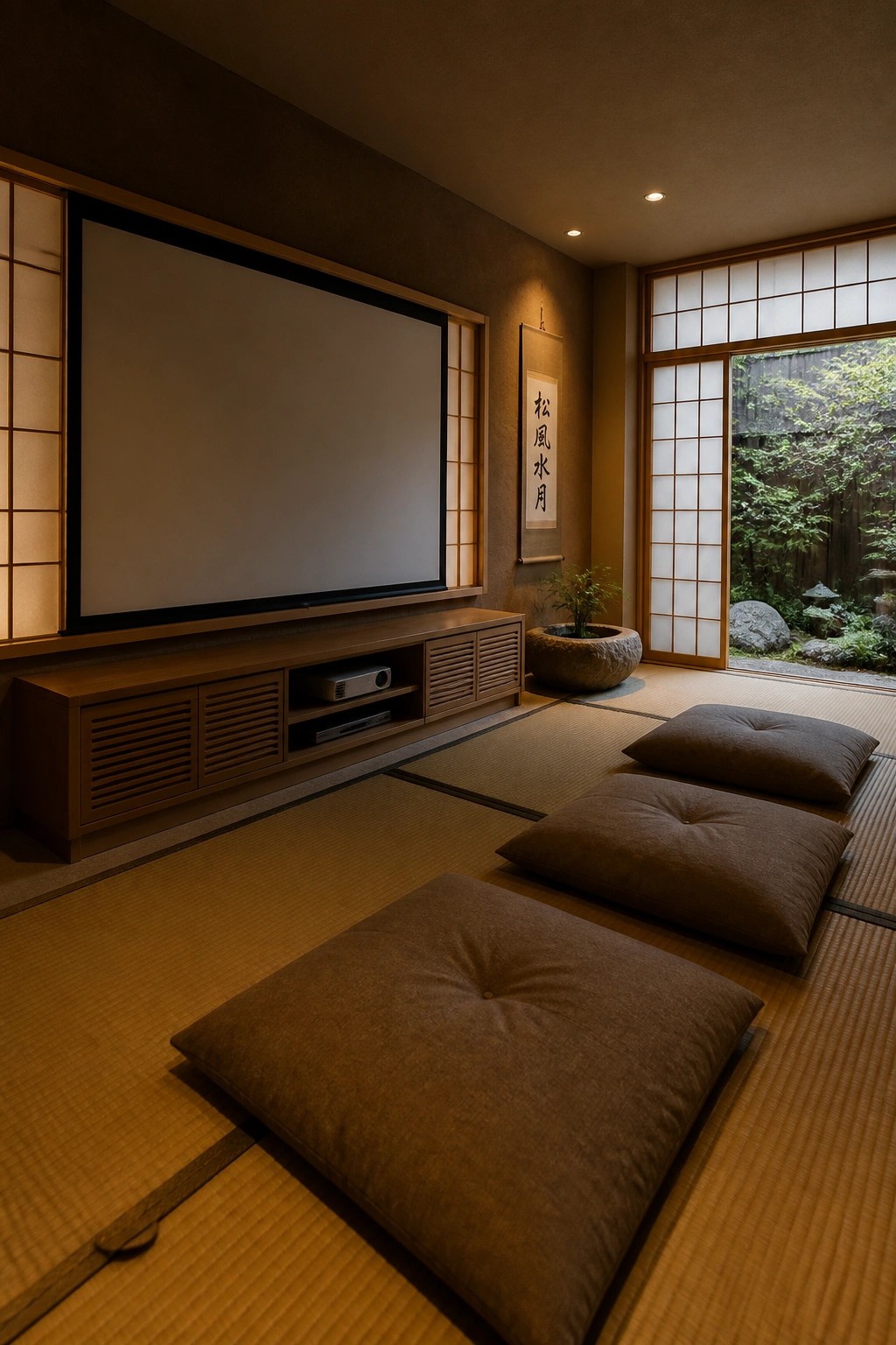 Traditional Japanese tatami room with large TV, cushions, shoji screens, and garden view.