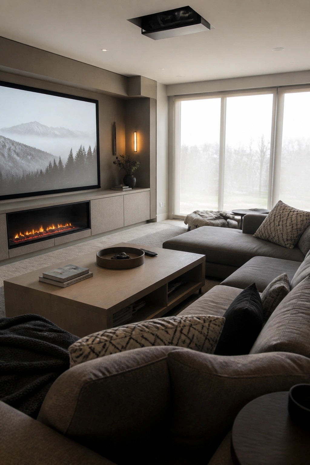 Modern living room with gray sectional sofa, coffee table, fireplace, and mountain screen.