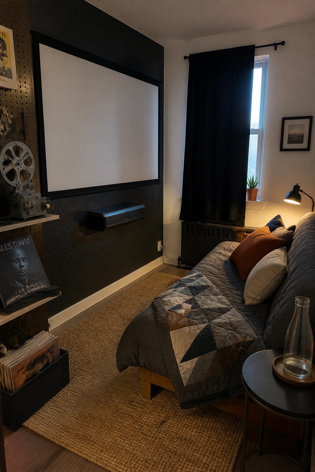 Cozy bedroom with large projector screen, quilted daybed, woven rug, and movie memorabilia.