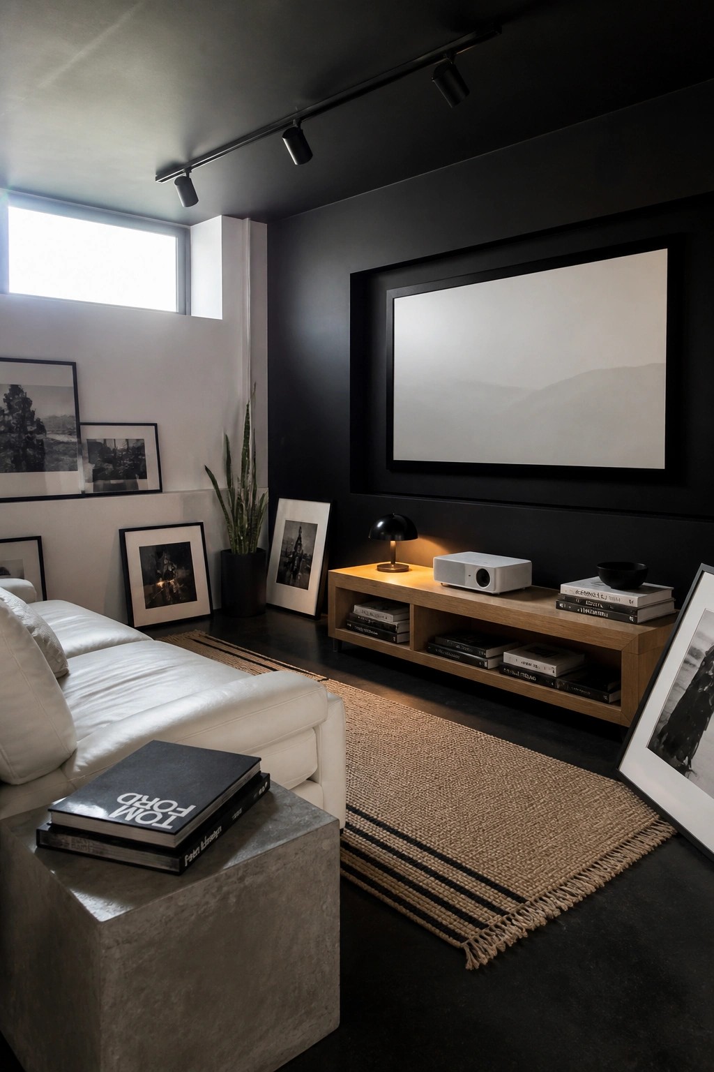 Minimalist living room with white sofa, wooden console, projector screen, and woven rug.