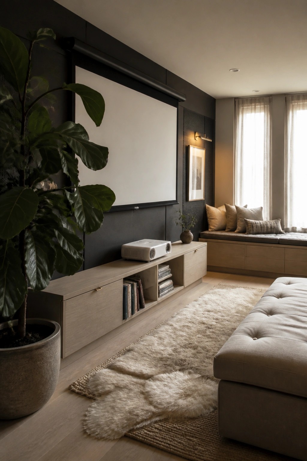 A modern movie room with a large retractable projector screen on a dark wall, a white projector resting on a light wood low console with open shelves holding books, a potted plant to the left, and a tufted ottoman on a shag rug in the foreground.