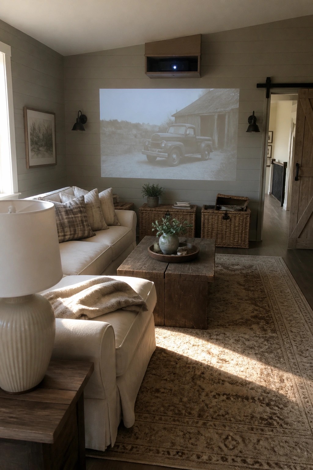 Cozy living room with projector showing vintage truck on shiplap wall and neutral sofa