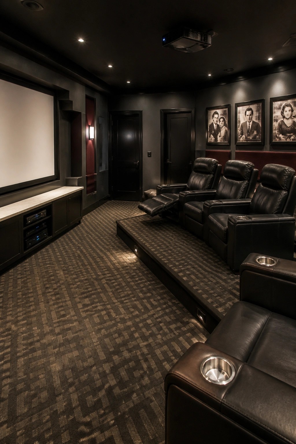 Dark home theater with black leather recliners, projector, and large screen