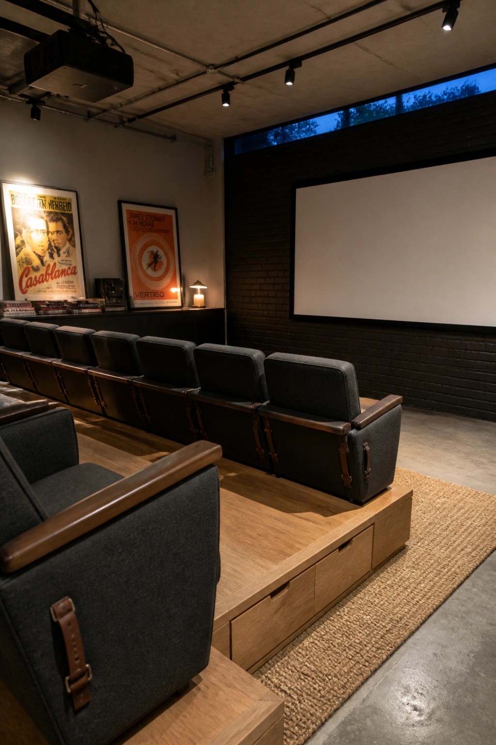 Modern home theater with gray upholstered seats, wooden riser, large screen, and movie posters.