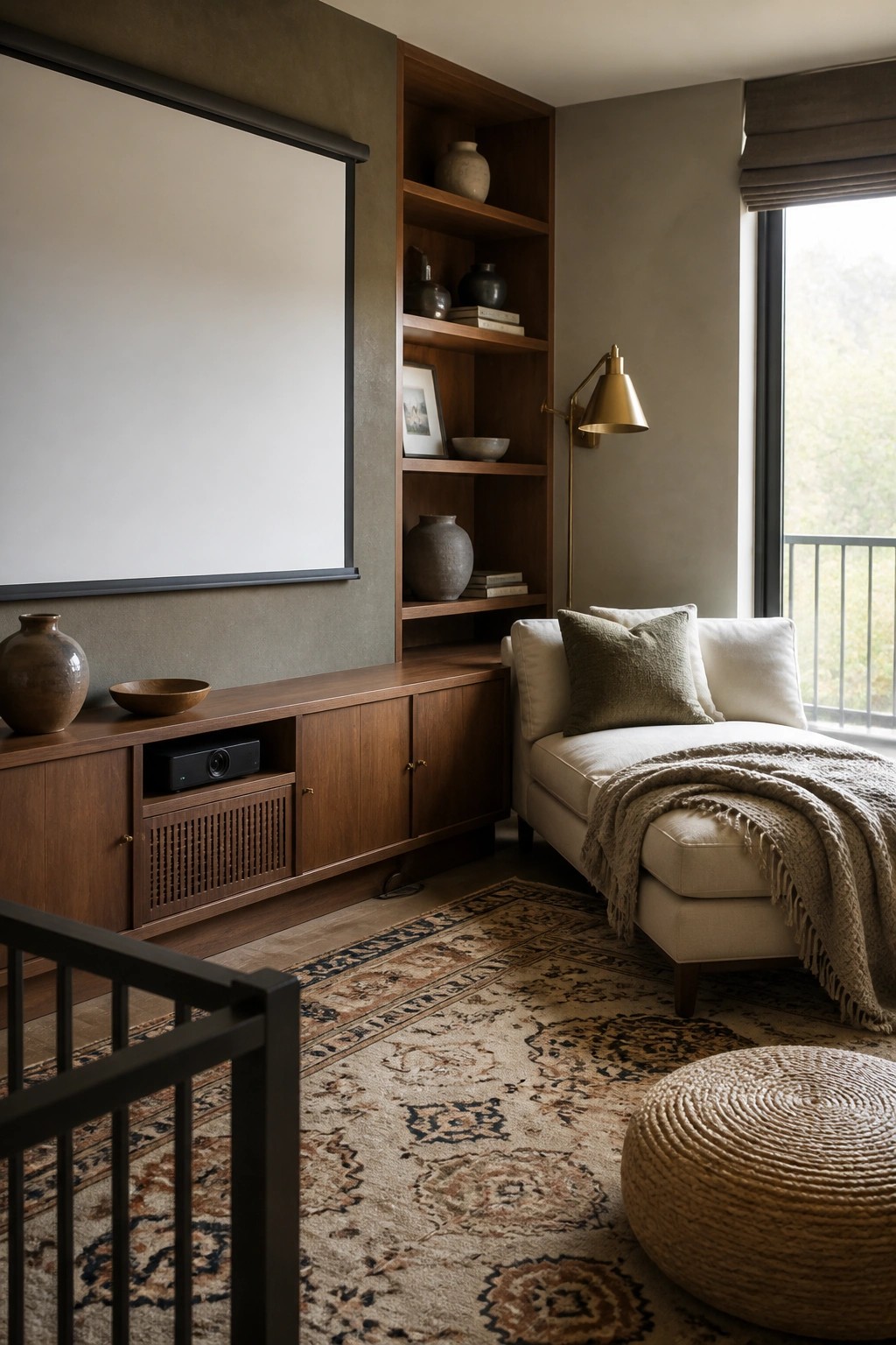 Modern living room with projector screen, wooden media cabinet, white chaise, rug, and woven ottoman.