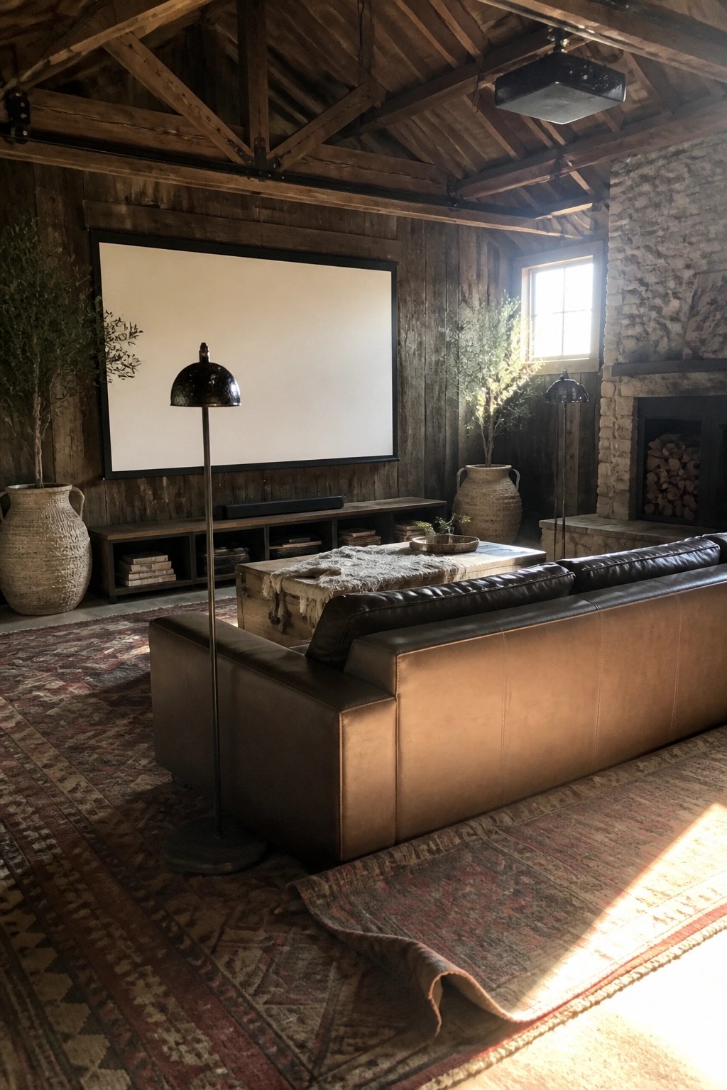 Rustic living room with leather sofa, wooden beams, stone fireplace, and projection screen.