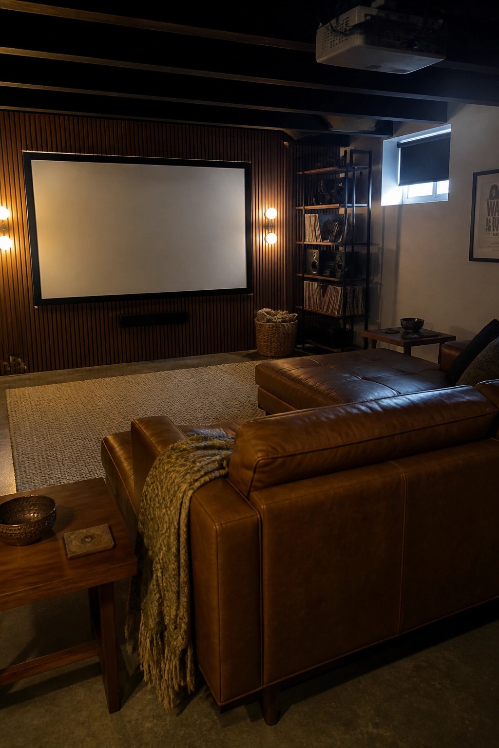 A dimly lit home theater with a large projector screen on a vertical wood-paneled wall, brown leather sofa in the foreground, and a tall shelving unit holding records and speakers.