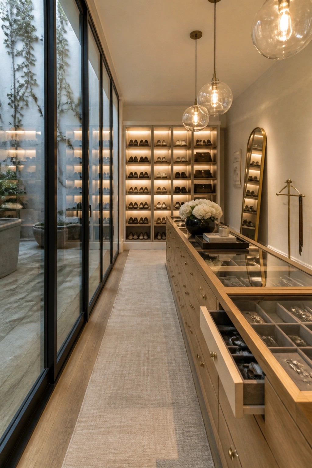 A narrow walk-in closet with a long wooden island, illuminated shoe shelves along the back wall, and floor-to-ceiling black-framed glass sliding doors on the left opening to an outdoor courtyard.