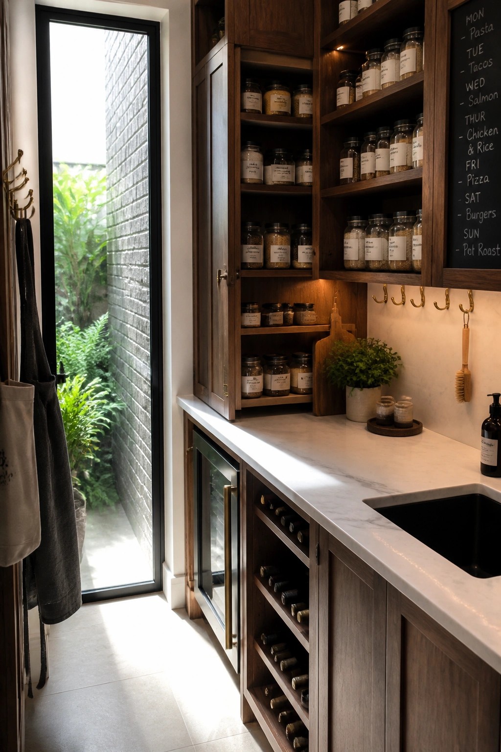 Interior view of a narrow kitchen pantry with dark wood cabinetry, open shelves holding labeled glass jars, a marble countertop with sink, and a tall black-framed glass door leading to a brick outdoor corridor with plants.