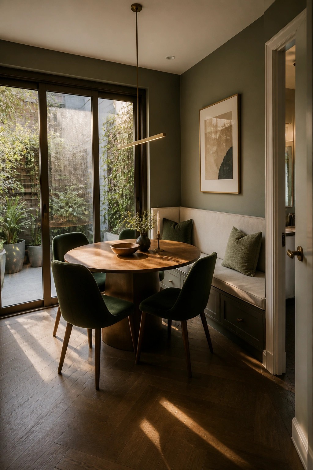 A dining area with a round wooden table, four green velvet chairs, a built-in bench, and large sliding glass doors that open to a patio with potted plants.