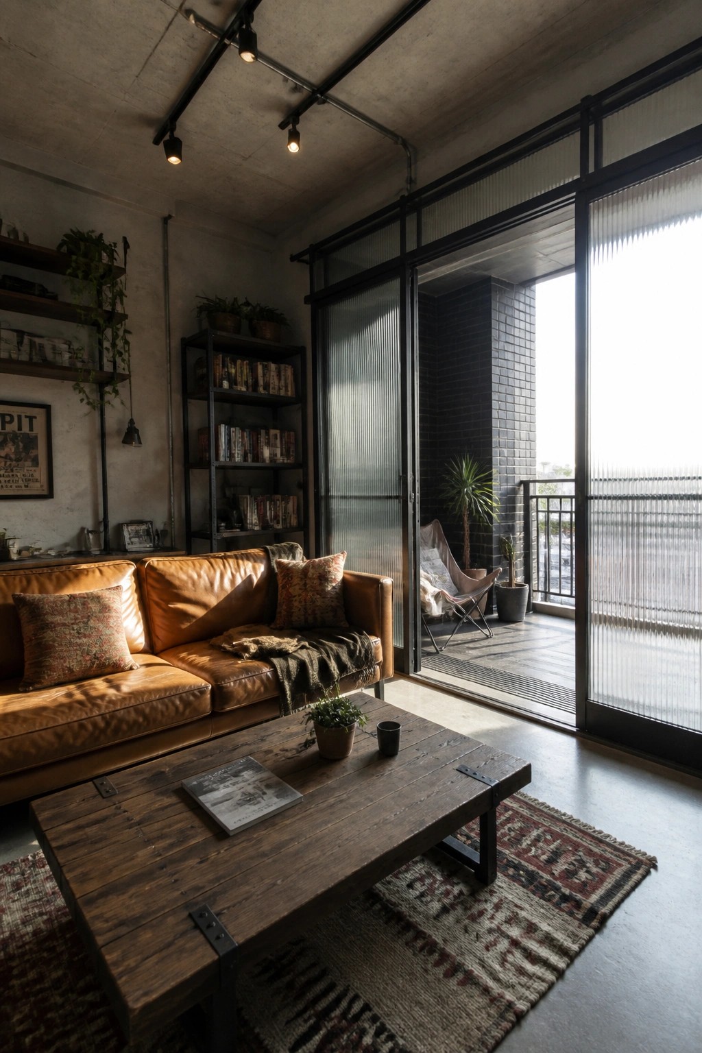 Industrial living room with brown leather sofa, wooden coffee table, and open balcony doors.