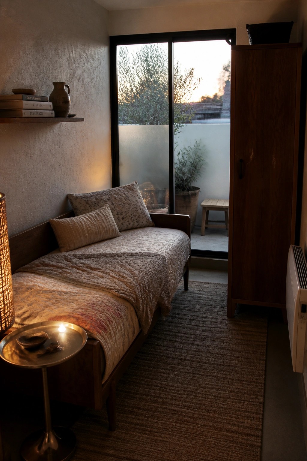 A bedroom with a wooden daybed against a textured wall, a large black-framed sliding glass door open to a patio with potted plants, and a tall wooden cabinet on the right.