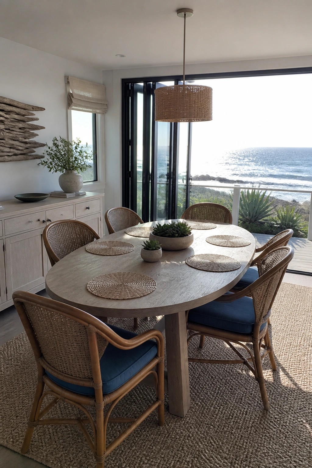 A round wooden dining table with woven rattan chairs sits inside a bright room in front of large black-framed sliding glass doors that open to an ocean view.