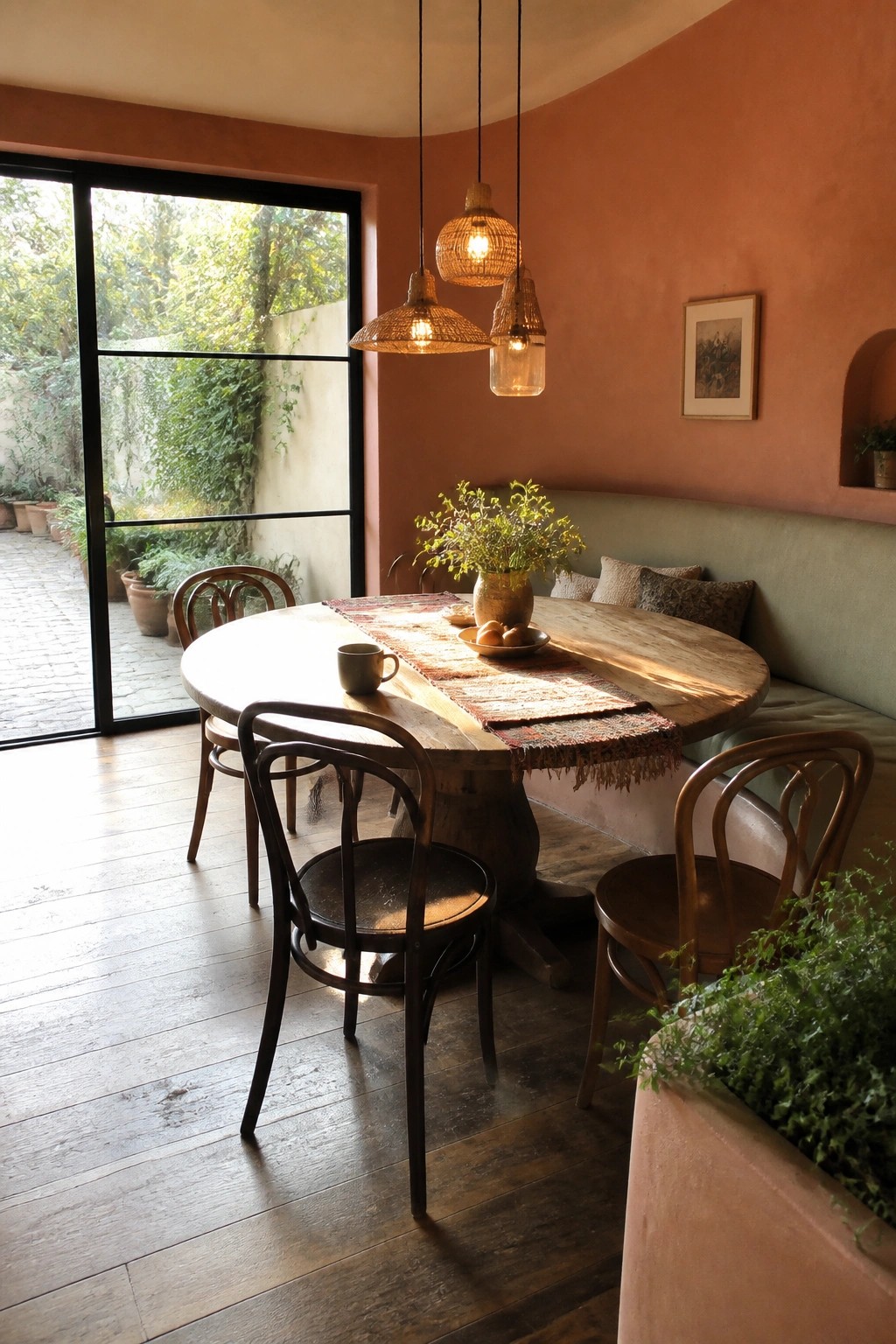 Interior view of a dining room with a round wooden table, several wooden chairs, and a large black-framed sliding glass door open to a garden patio with potted plants.