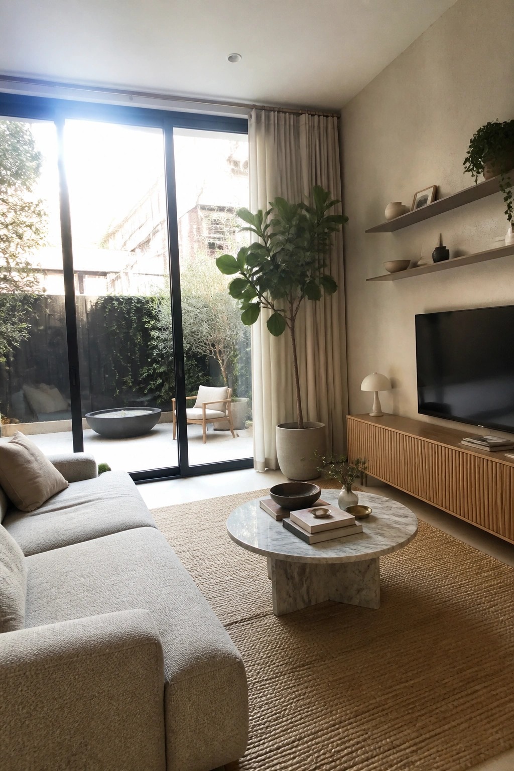 A living room with a large sliding glass door open to a patio that includes a potted tree, outdoor chair, and round water feature.