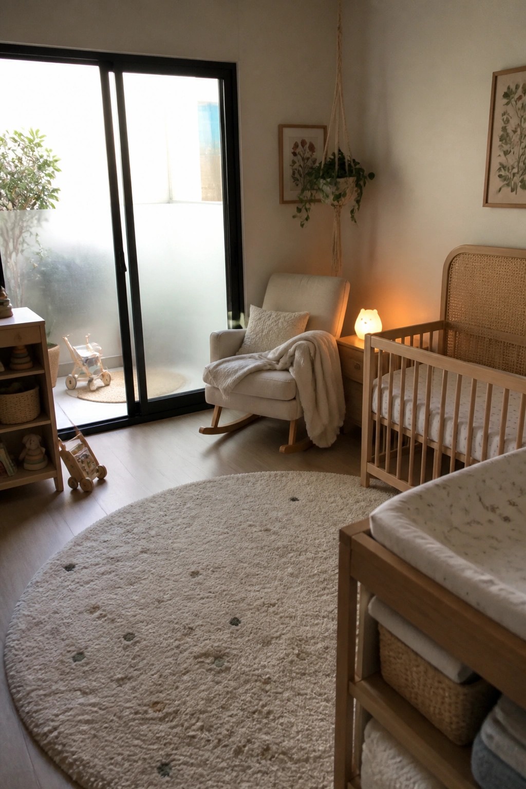 A bright nursery interior with a wooden crib, rocking chair, round rug, and large black-framed sliding glass doors opening to an outdoor space.