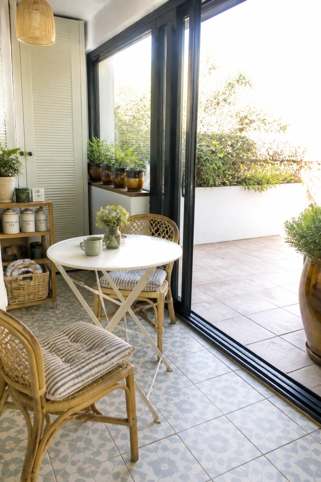 Rattan chairs with striped cushions around white table near open sliding doors