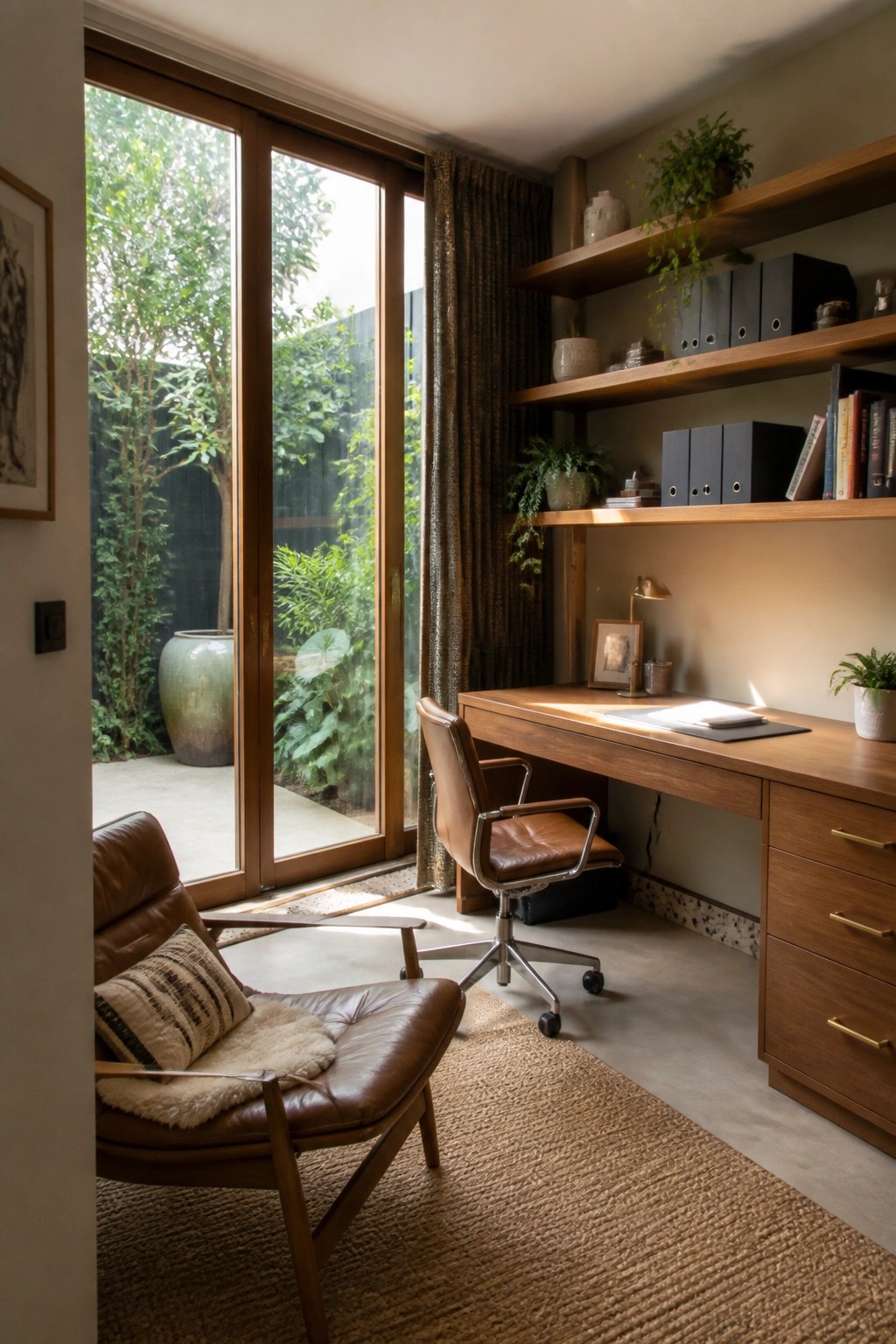 Interior view of a home office featuring a wooden desk, brown leather office chair, and large brown-framed sliding glass doors leading to a patio with plants and a large ceramic pot.