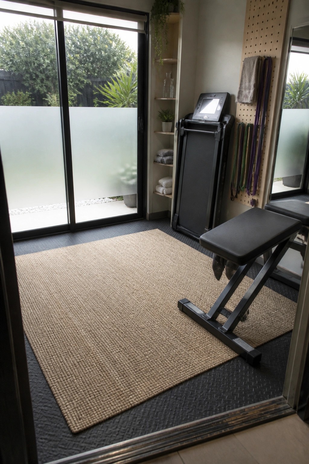 Interior view of a home gym with a large sliding glass door, folded treadmill, weight bench on a woven rug, and shelves along the wall.