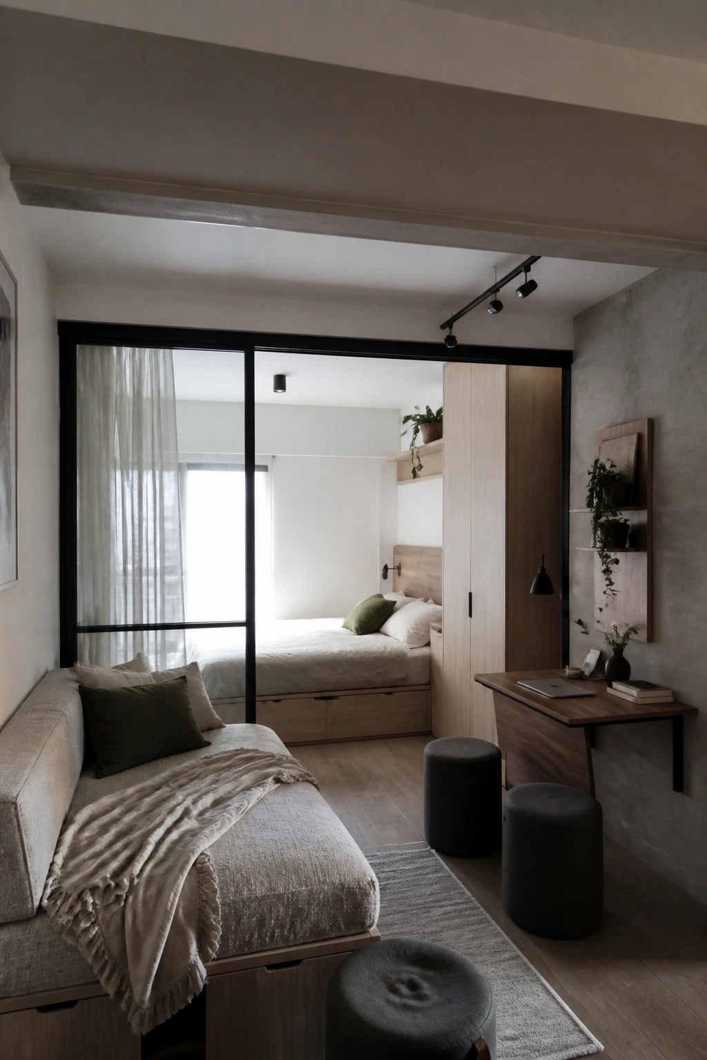 A modern interior showing a large black-framed sliding glass door separating a sofa seating area from a bedroom with a bed, wooden storage, and stools on a wooden floor.