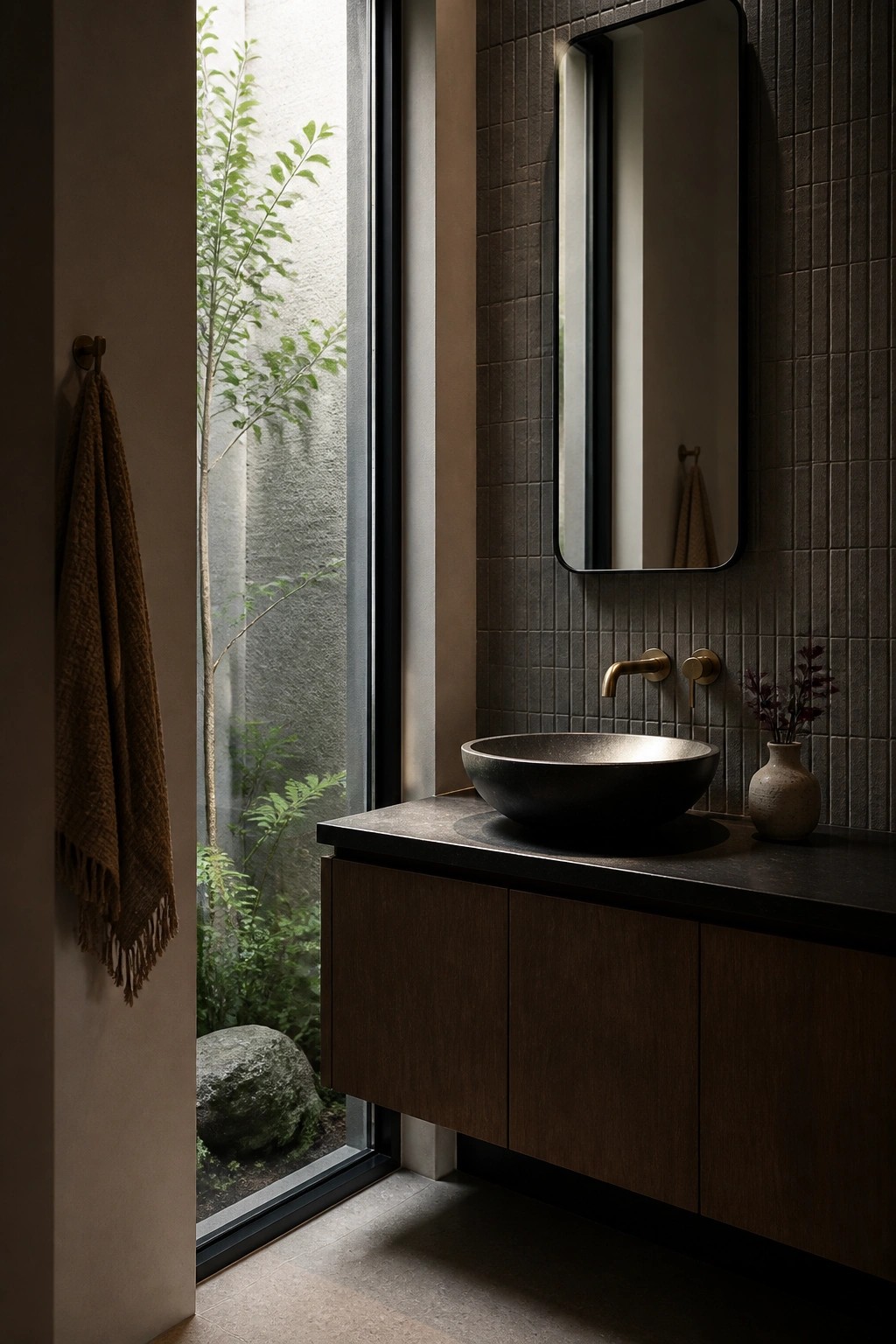 A modern bathroom with dark tiled walls, a floating wood vanity, black stone sink, and a large floor-to-ceiling sliding glass door open to a small outdoor garden area with plants and a rock.