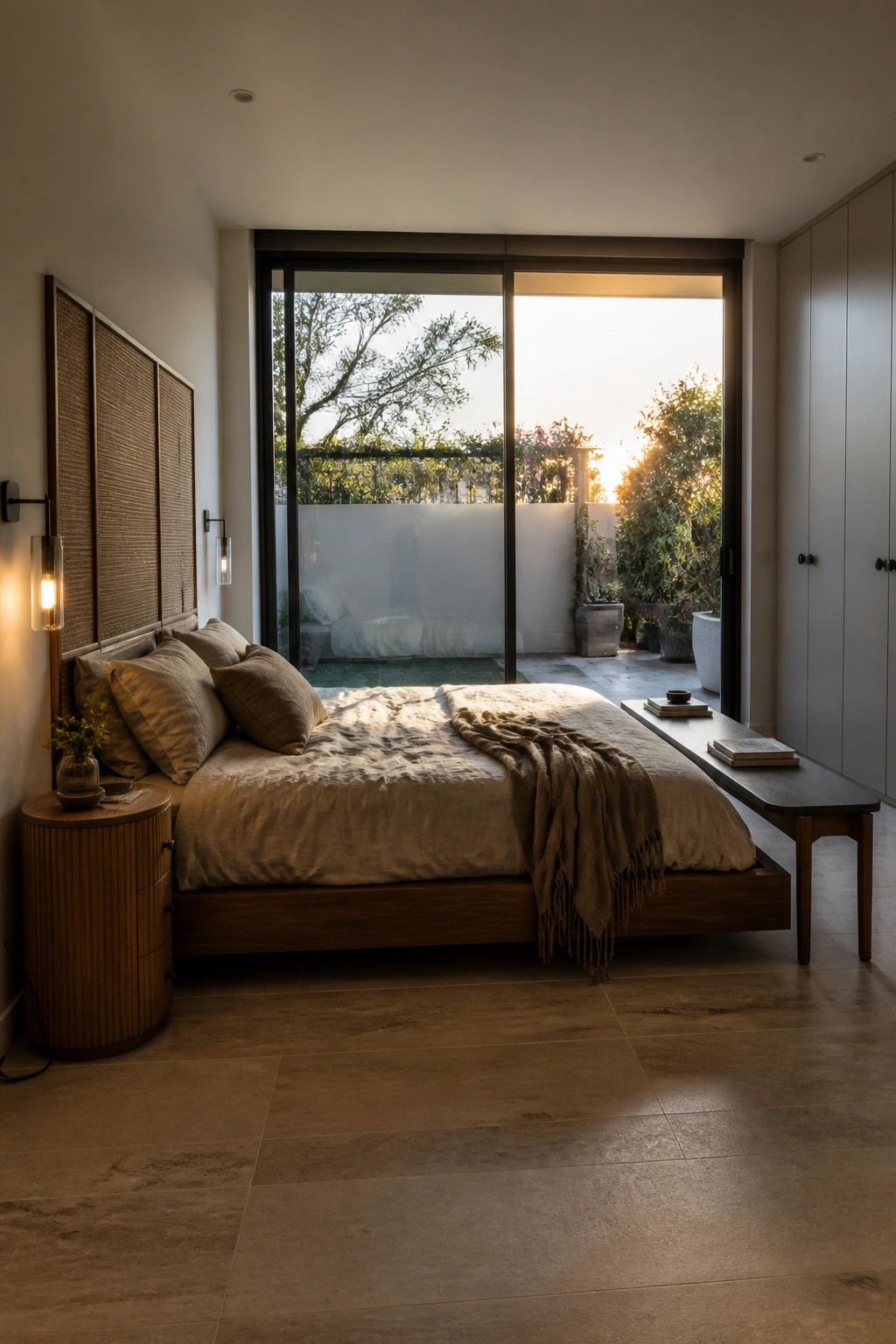 A modern bedroom with a large sliding glass door open to a patio, showing a low wooden bed with neutral bedding and a round wooden nightstand.