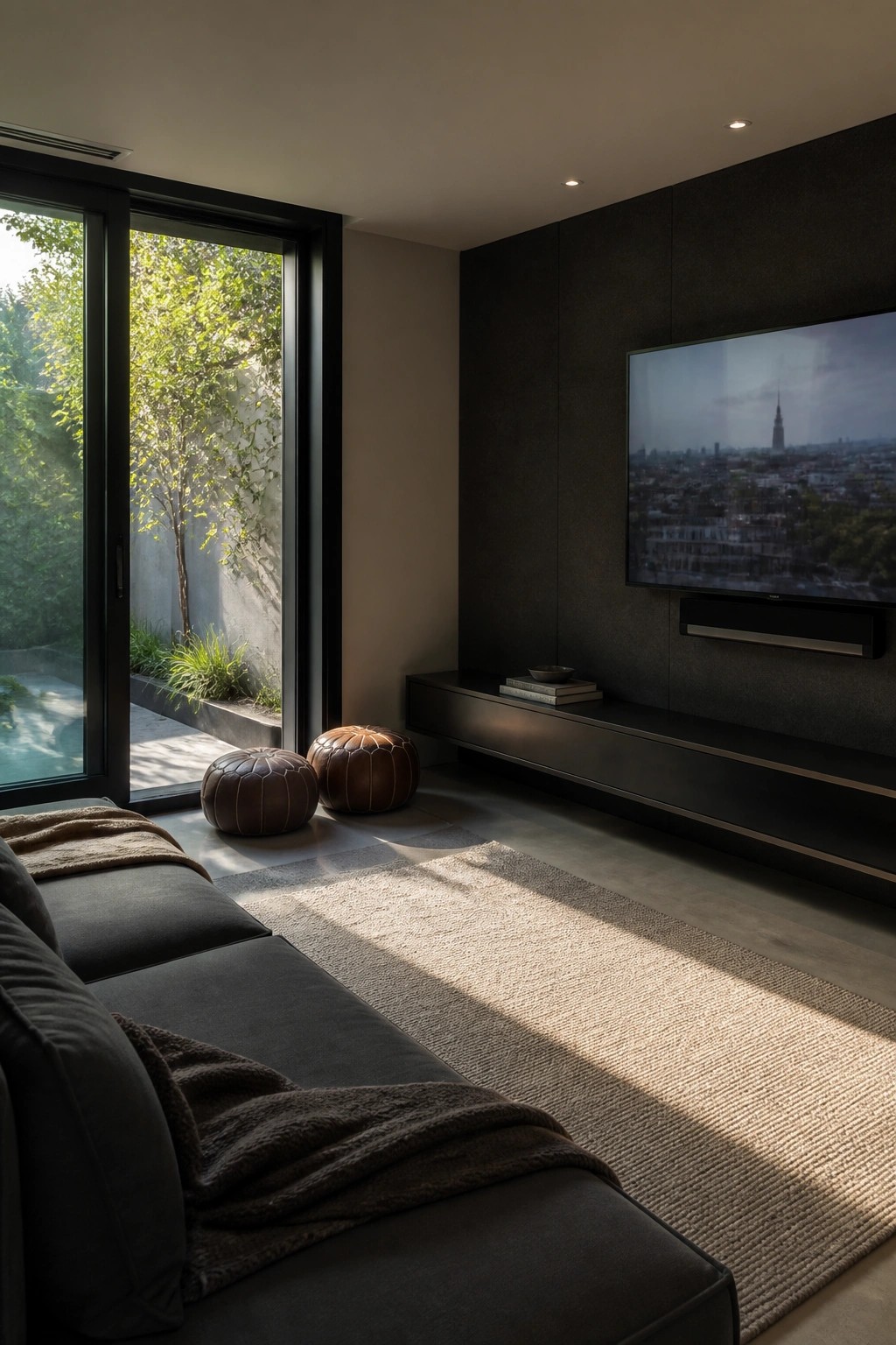 A modern living room featuring a large black-framed sliding glass door, dark sectional sofa with throw blankets, wall-mounted flat screen TV above a floating media console, two brown leather poufs, and a woven area rug.