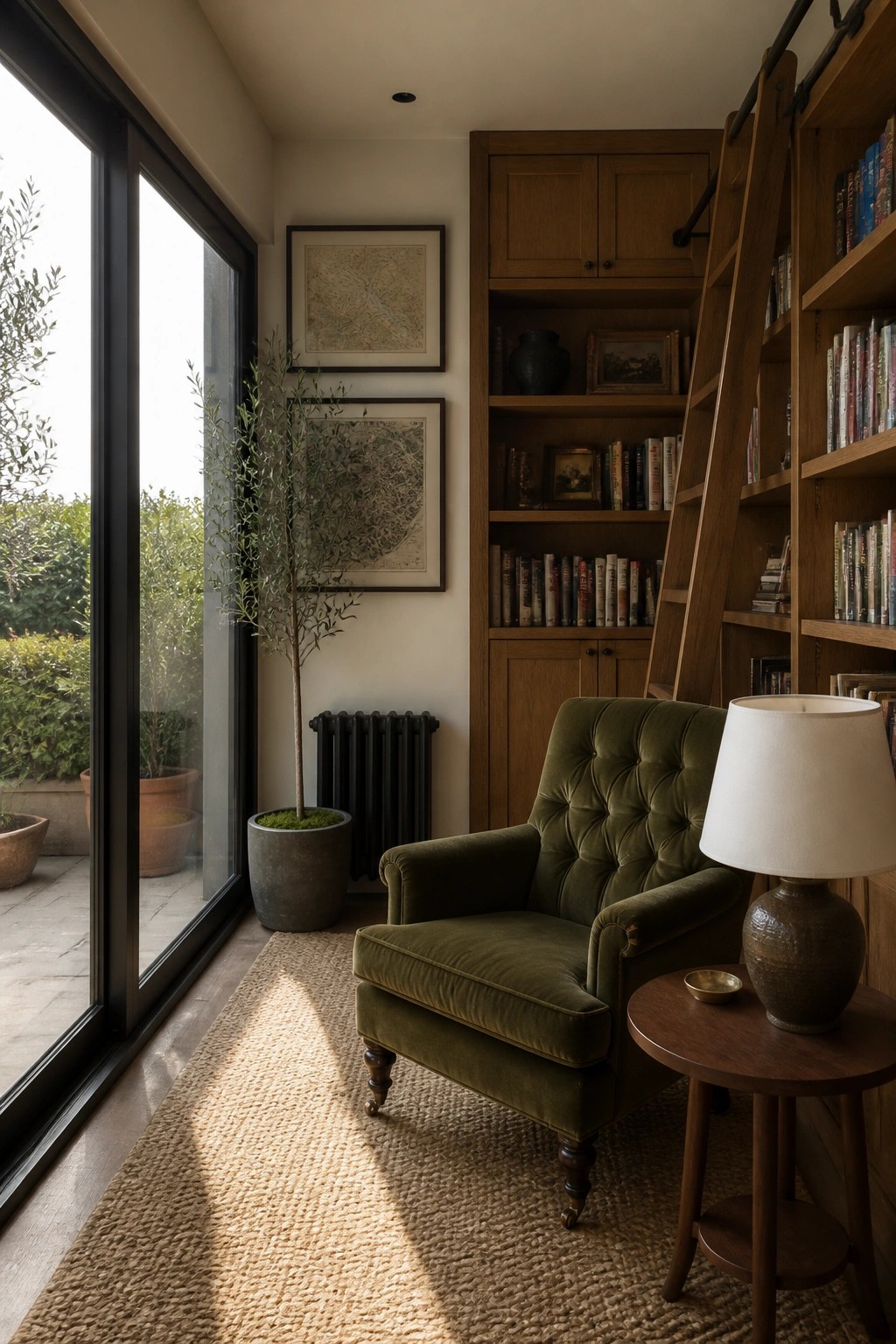 A green velvet armchair sits beside a large black-framed sliding glass door in a room with wooden bookshelves, framed art on the wall, and a potted tree on a woven rug.