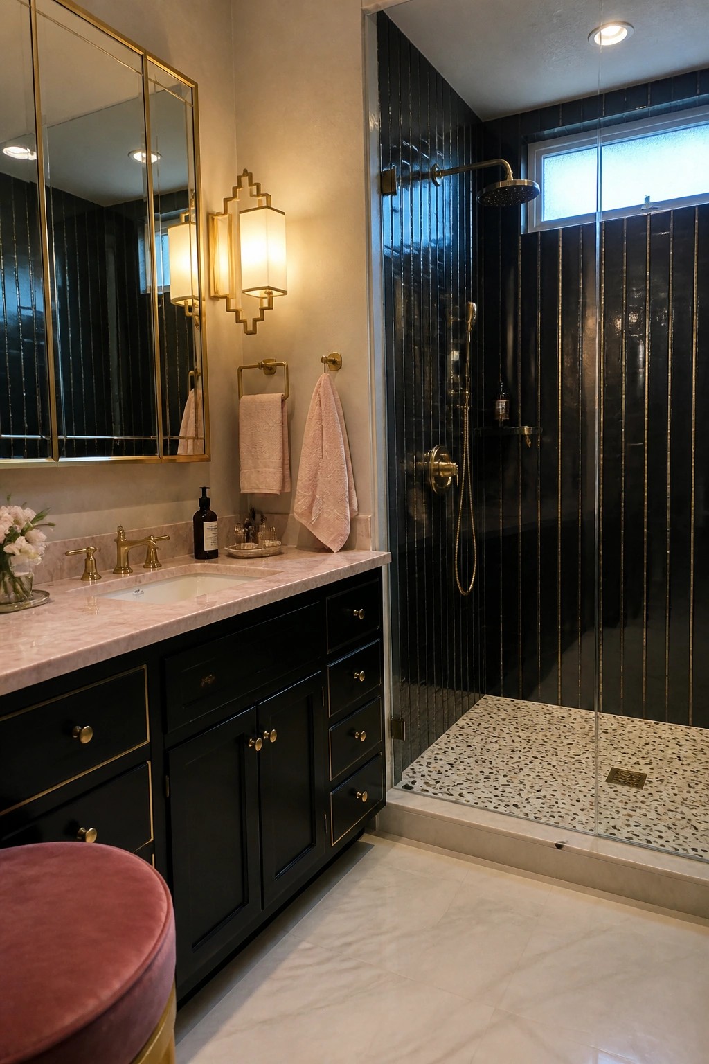 A bathroom with a frameless glass walk-in shower featuring black vertical tiles, gold fixtures, and a terrazzo floor next to a dark vanity with pink marble top.