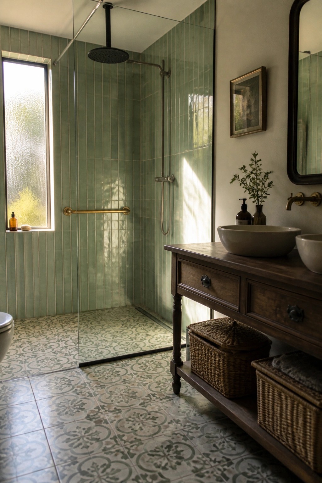 A bathroom interior showing a walk-in shower with frameless glass doors, green vertical tiles, a black rain shower head, and a dark wood vanity with stone vessel sinks.