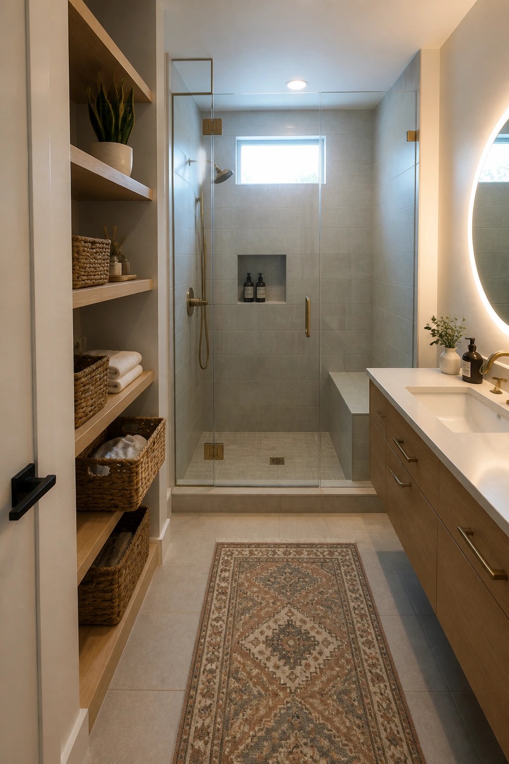 Modern bathroom with glass shower, wooden vanity, open shelves, and patterned rug.