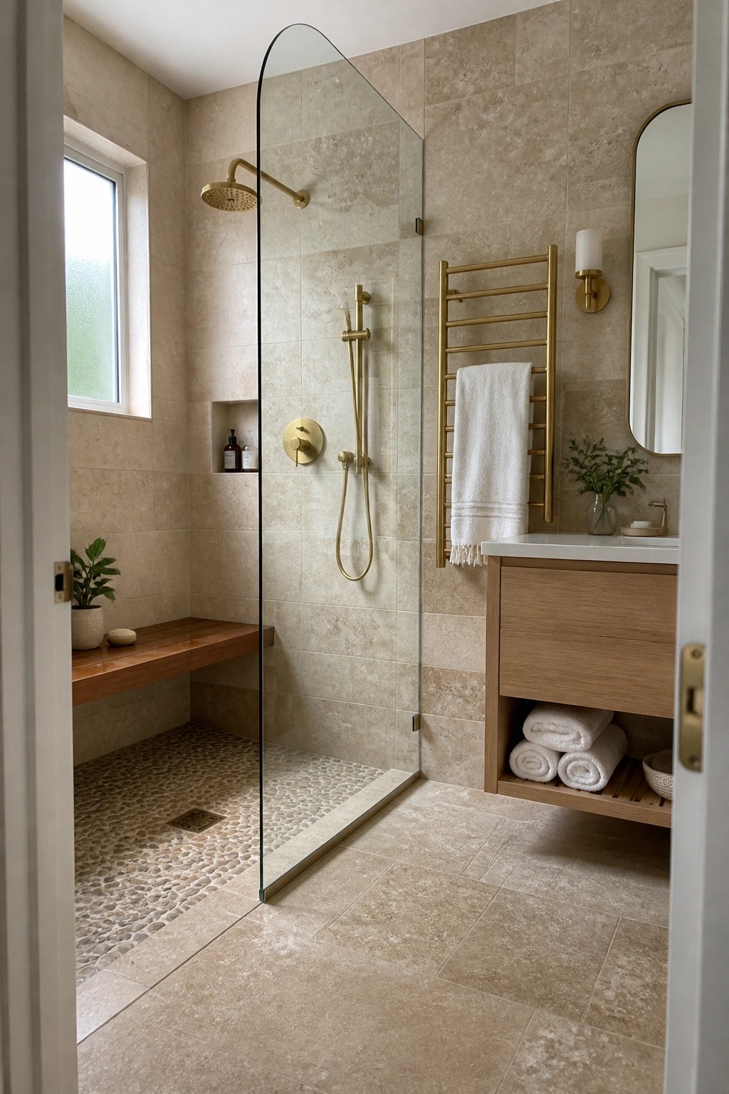 A bathroom interior shows a large walk-in shower with frameless curved glass, beige tile walls, a pebble mosaic floor, a wooden bench, and gold shower fixtures.