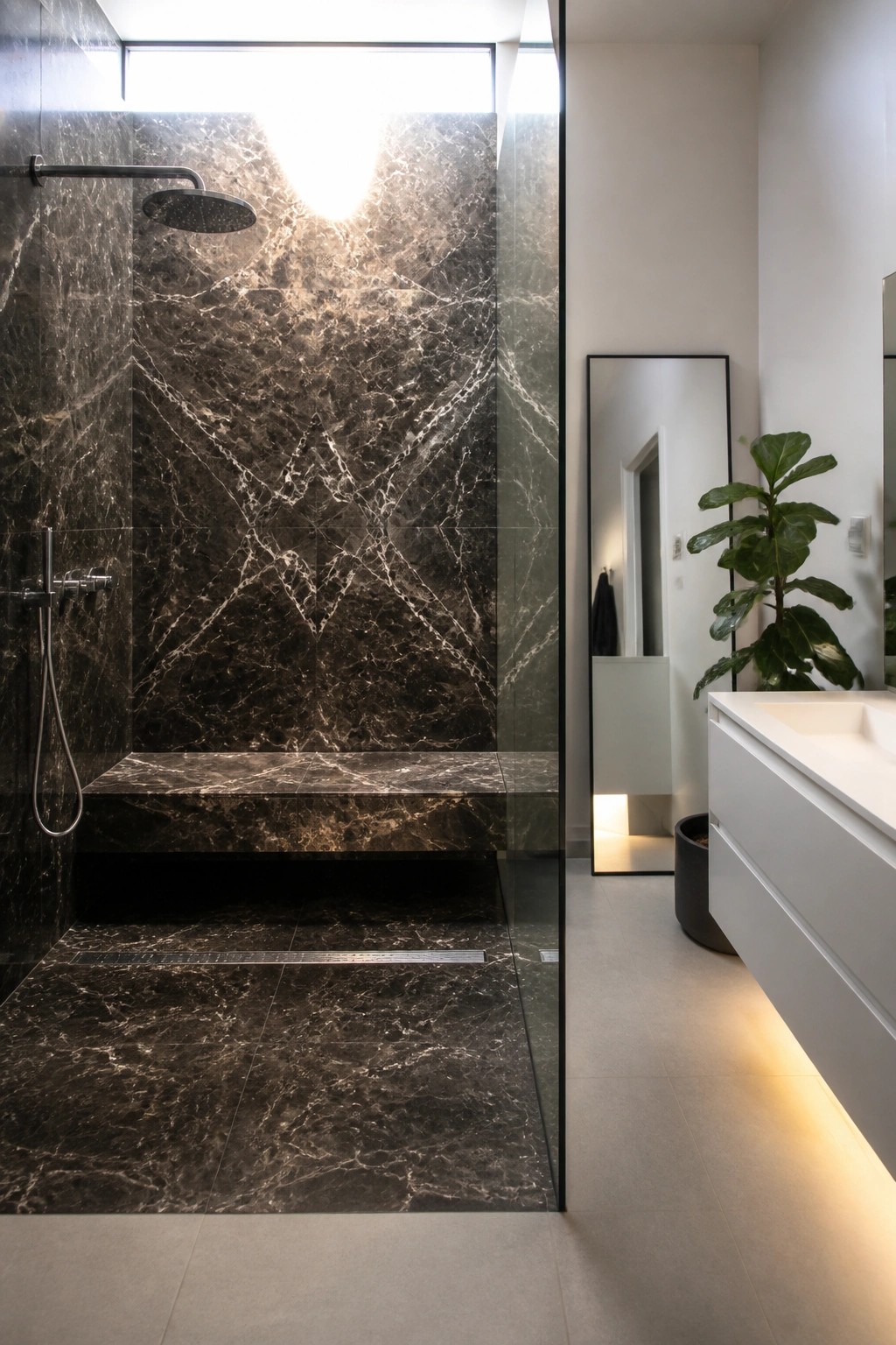 A frameless glass walk-in shower with dark marble tiles on the walls, built-in bench, and floor, plus a rainfall showerhead.