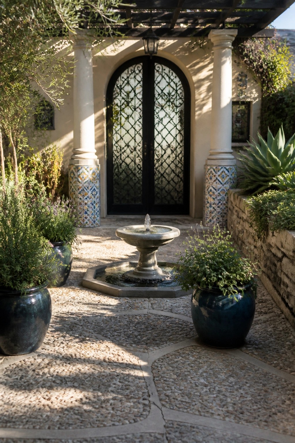 A Mediterranean courtyard entry with an arched black double door featuring decorative ironwork, white columns with colorful tile bases, a central stone fountain, and large potted plants on a pebble-paved surface.