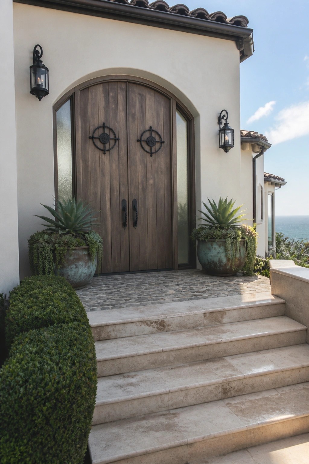 Arched wooden double doors with stone steps, potted succulents, and ocean view beyond.
