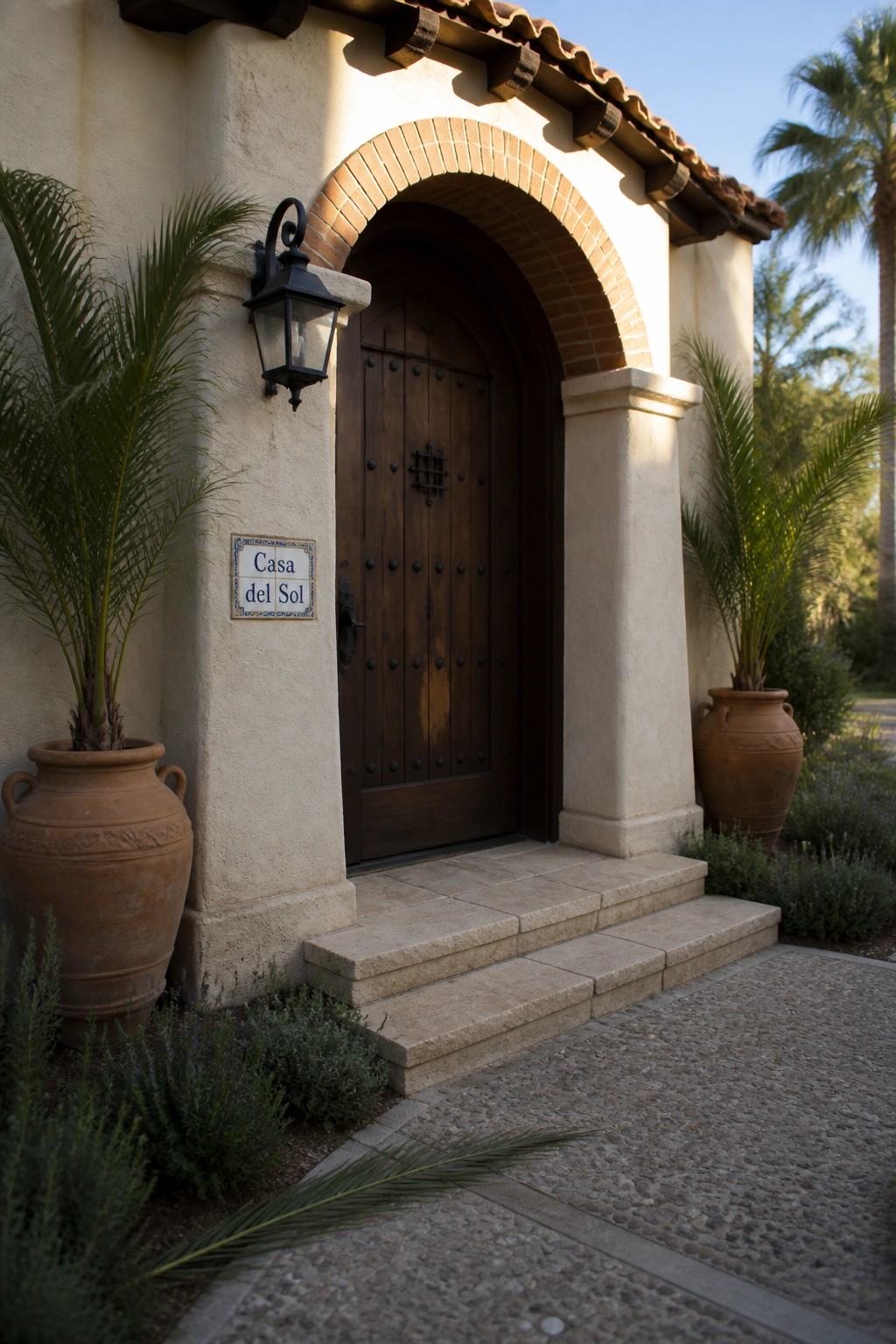 A dark wooden door set inside a brick-lined arch on a stucco house, with stone steps and two large terracotta pots on either side.