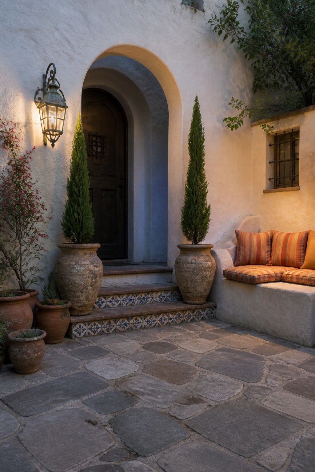 A Mediterranean home exterior with a recessed arched entryway featuring a dark wooden door, two large terracotta pots with tall evergreens, and a stone-paved seating area to the right.