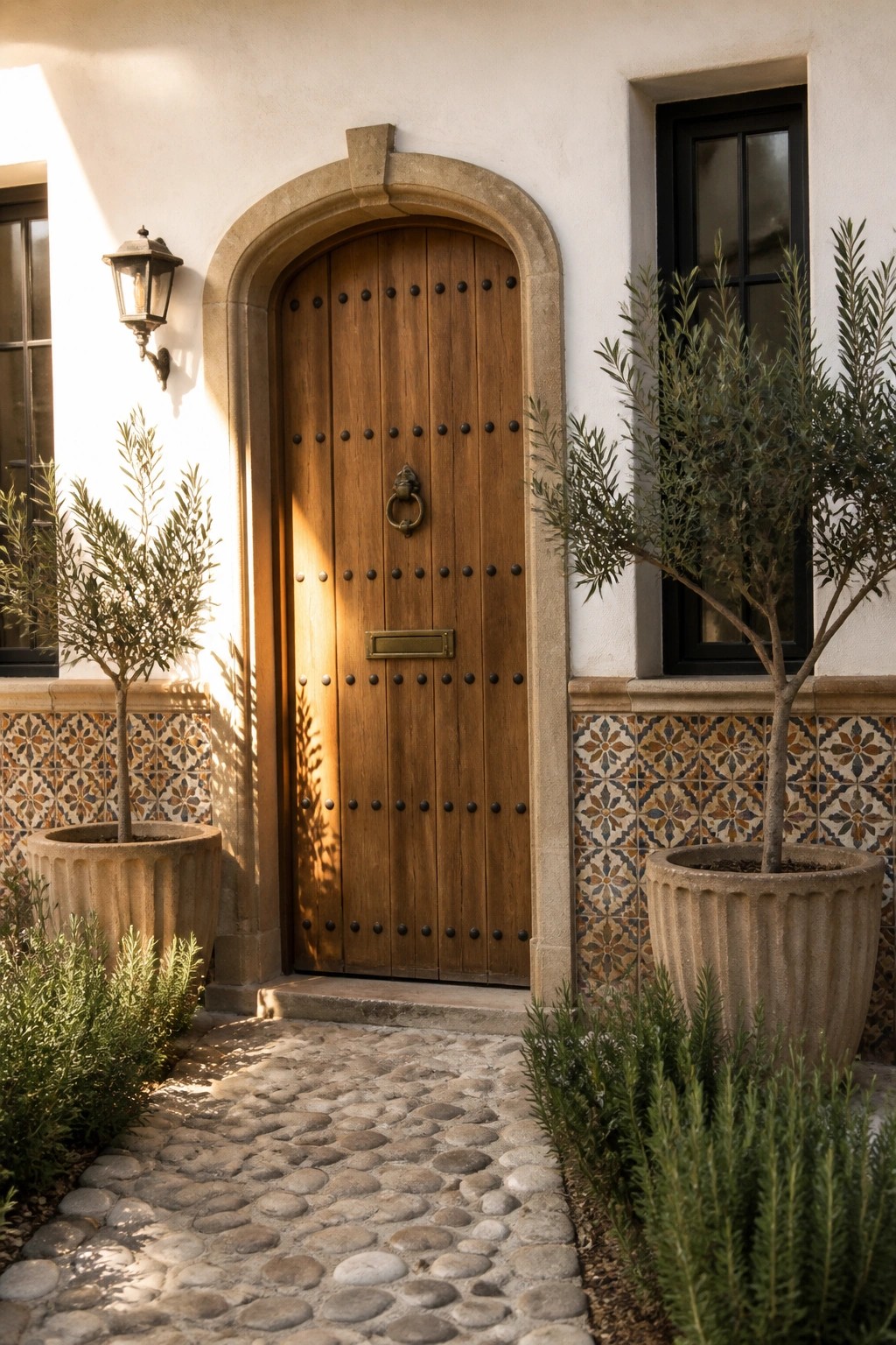 A wooden arched front door with metal studs and hardware, set in a stone frame beside two large potted trees on a cobblestone path.