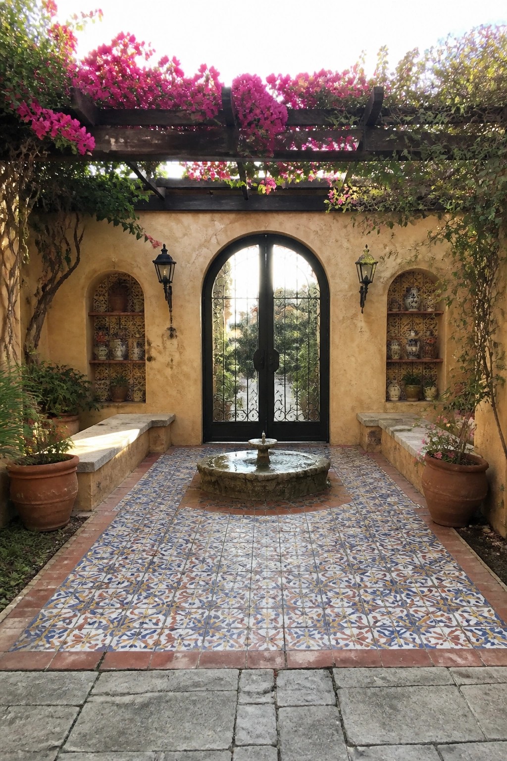 A black arched double door with decorative ironwork is centered in a yellow stucco wall at the end of a patterned tile courtyard with a stone fountain, flanked by built-in niches and covered by a bougainvillea-covered pergola.