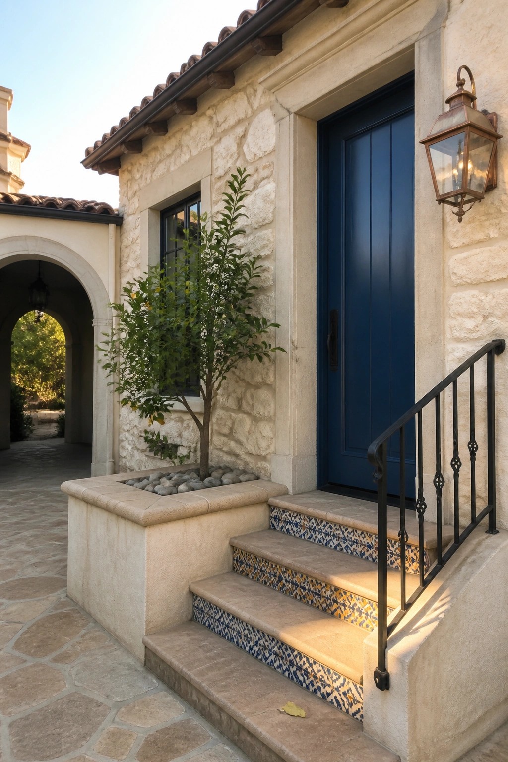 A navy blue front door set in a light stone wall with tiled steps and a wall-mounted lantern.