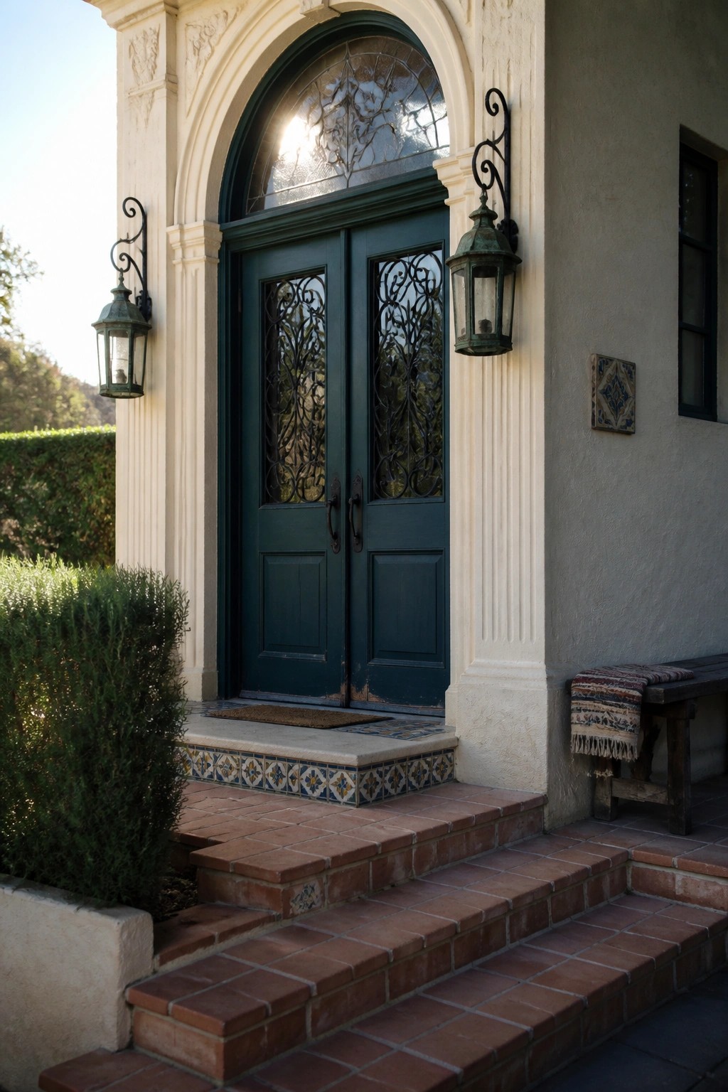 Front view of a Mediterranean-style house entrance with dark green double doors under an arch, decorative ironwork, two wall lanterns, tiled step borders, and brick stairs.