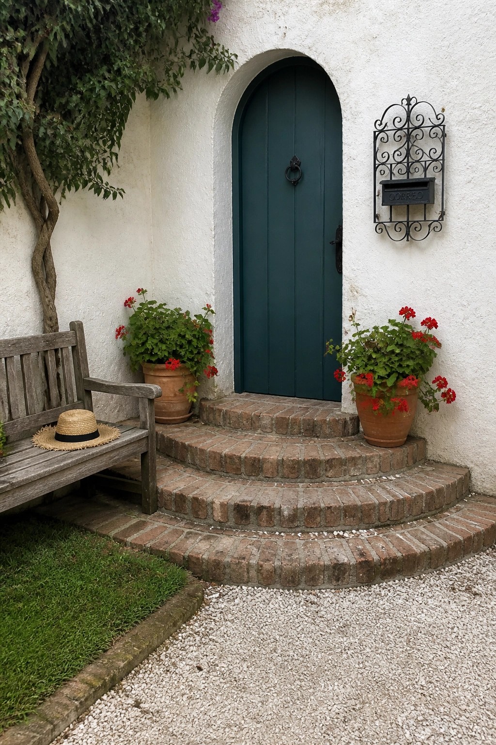 A white stucco house with a dark teal door set inside an arched opening, brick steps, terracotta pots with red flowers, a wooden bench, and a black metal mailbox on the wall.