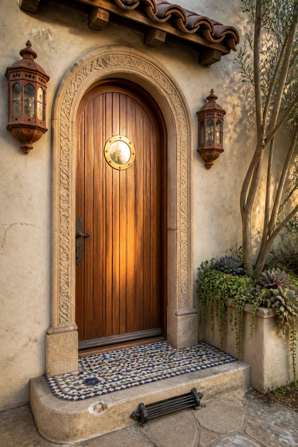 Arched wooden door with porthole window flanked by lanterns on mosaic step