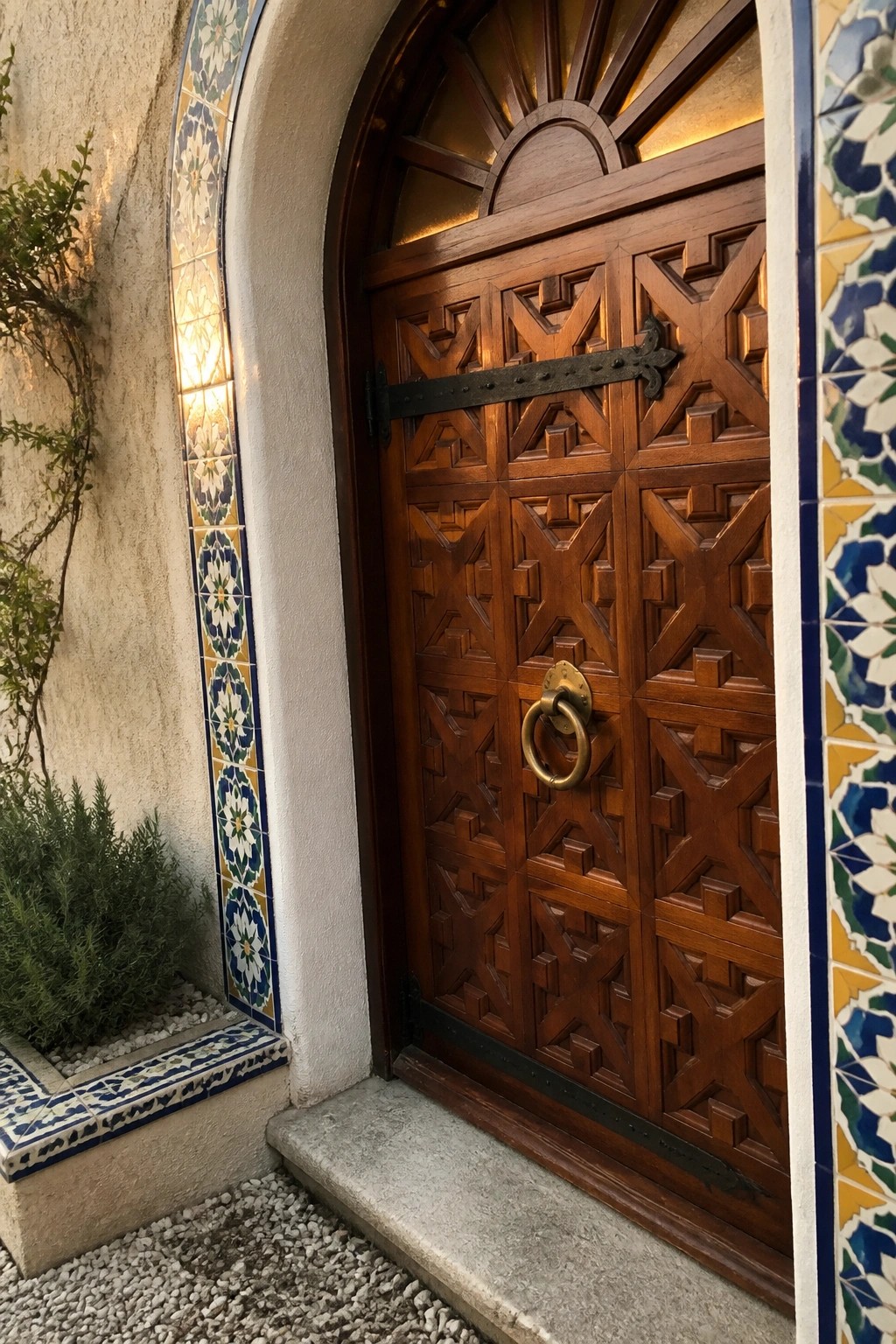 A wooden front door with geometric carvings inside an arched entry lined with colorful patterned tiles on both sides and along the base.