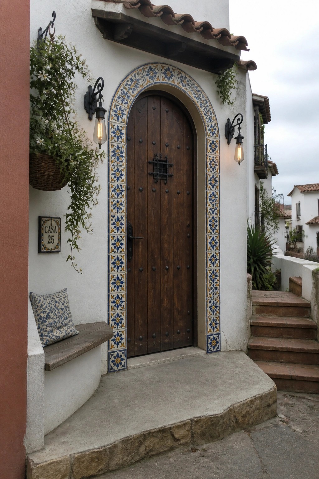 Rustic arched wooden door with colorful tile surround, sconce lights, and bench
